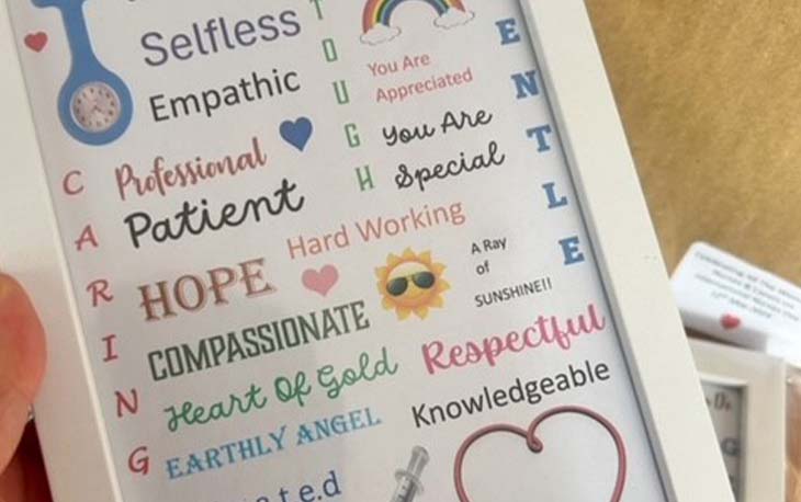 Picture of picture frames with the various pictures inside dedicated to nurses. Writing that includes hope, compassionate, hea